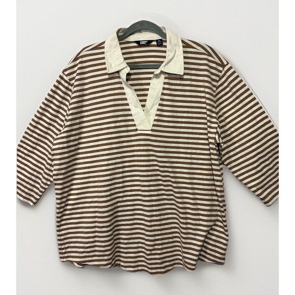 Lands' End Tops - Lands End Polo Shirt Womens Brown White Stripe Long Sleeve Rugby Top 1X Preppy